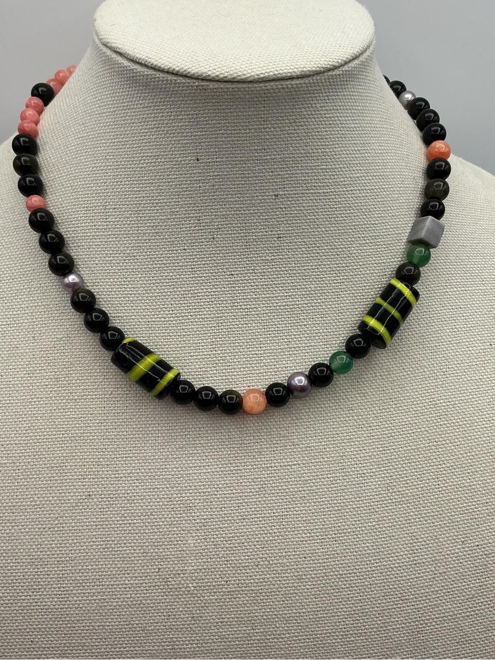 Black Obsidian Necklace with Multicolor Quartz Beads